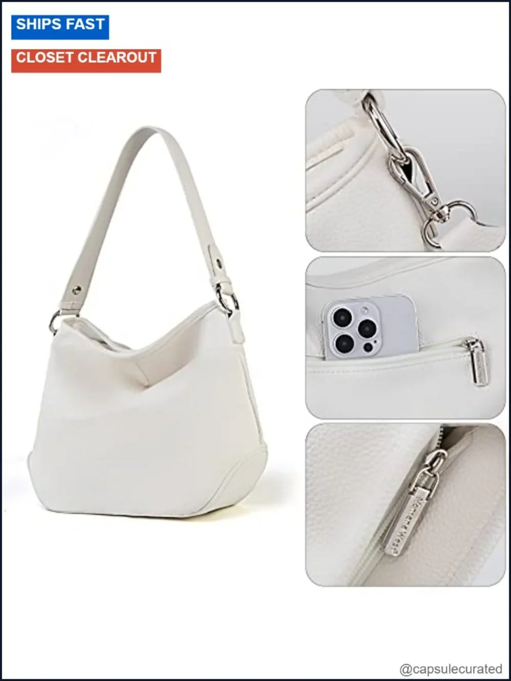 Medium Hobo Shoulder Bag - Faux Leather, Detachable Strap, Lightweight
